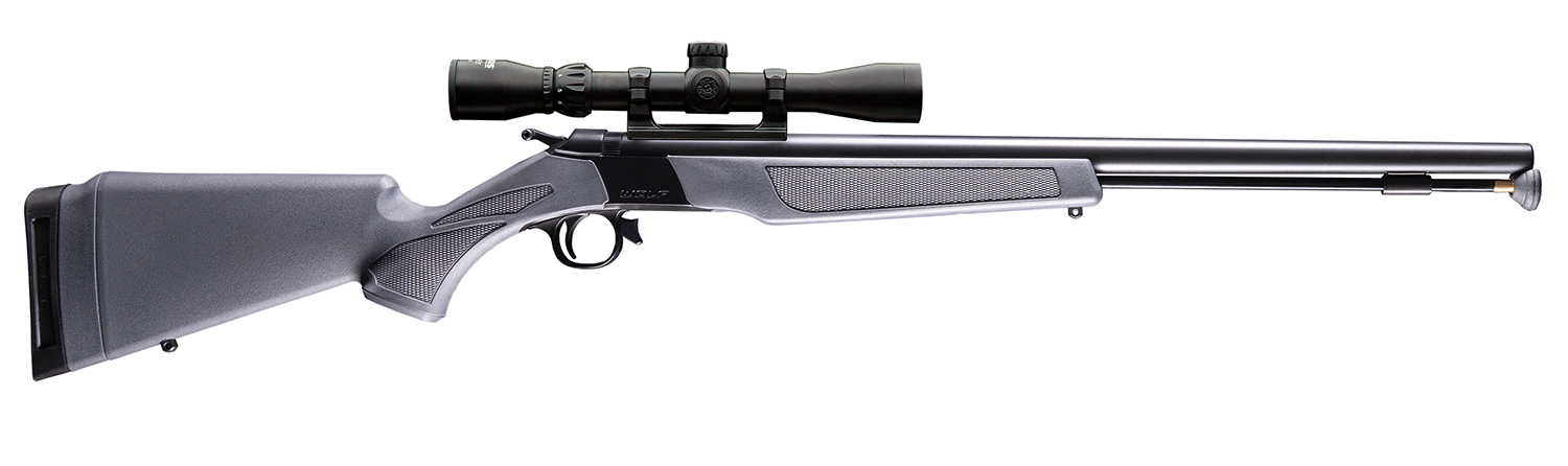 CVA PR2119SCP Wolf w/Optic 50 Cal 24″ Blued Steel Barrel & Drilled & Tapped Steel Receiver, Fixed Stealth Gray Synthetic Stock, KonusShot 3-9x32mm